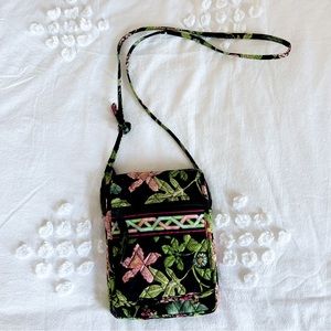 Vera Bradley Black Green & Pink Floral Pattern Quilted Crossbody Purse